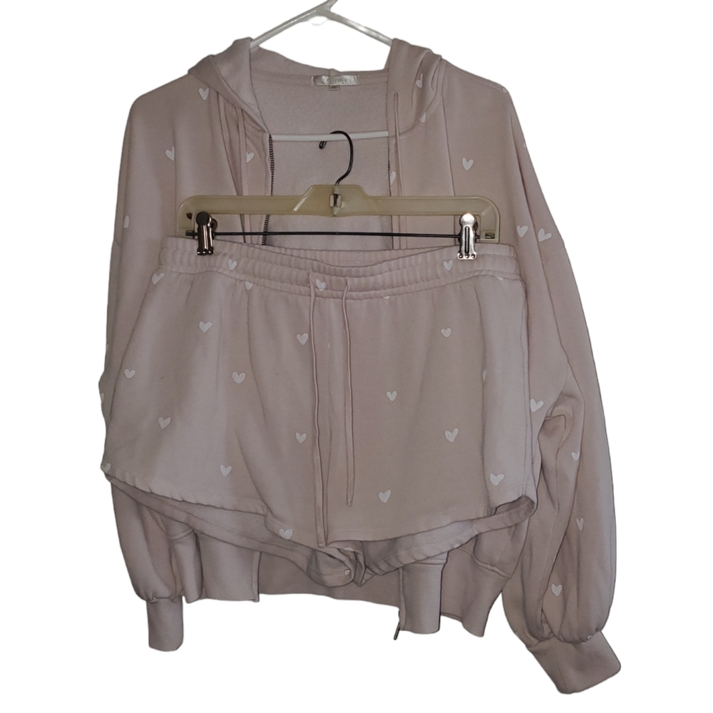 Z Supply Pink Hearts Shorts & Hoodie Lounge Set